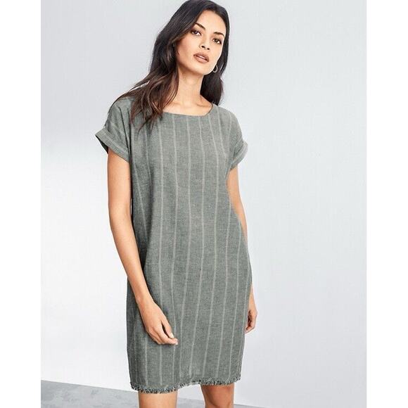 Eileen Fisher XL Gray Organic Cotton/Hemp Striped Shift Dress Lagenlook Neutral - Picture 1 of 8